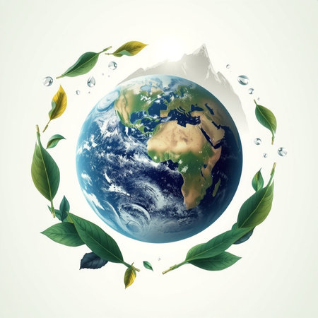 Earth planet with green leaves and water drops. Elements of this image furnished by NASAの素材