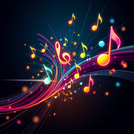 Colorful music notes on a dark background. Vector Illustration.の素材