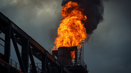 A large flame from a burning chimney of an oil refinery.の素材