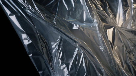 A close-up of glossy, crumpled transparent plastic sheets with intricate folds and light reflections, ideal for abstract design use.の写真素材