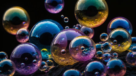 A collection of colorful, translucent soap bubbles floating against a dark backdrop, displaying...
