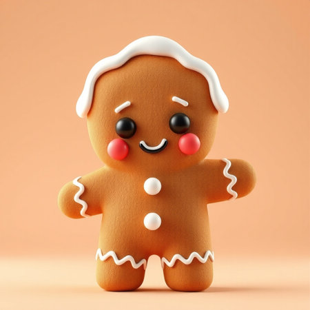 A stylized gingerbread cookie with a smiling face, decorated with icing and red buttons, set against a soft color gradient. Perfect for festive and playful holiday themes.の写真素材