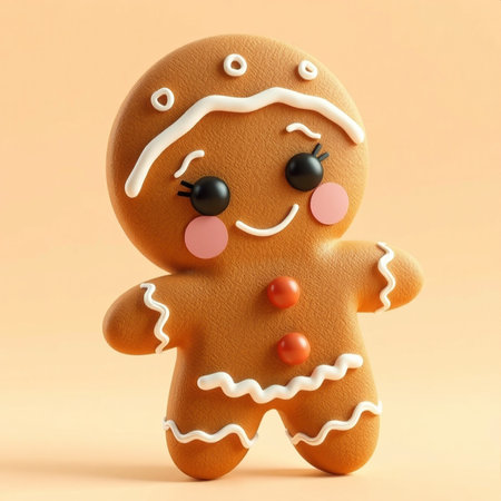A stylized gingerbread cookie with a smiling face, decorated with icing and red buttons, set against a soft color gradient. Perfect for festive and playful holiday themes.の写真素材