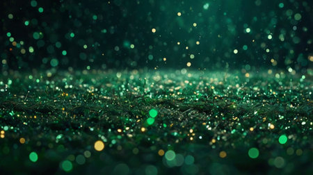 A dreamy and festive background filled with green glitter particles and glowing golden bokeh lights, evoking magic and celebration.の写真素材