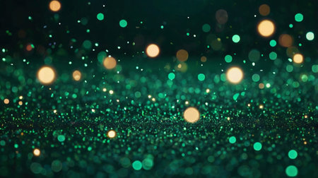 A dreamy and festive background filled with green glitter particles and glowing golden bokeh lights, evoking magic and celebration.の写真素材