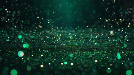 A dreamy and festive background filled with green glitter particles and glowing golden bokeh lights, evoking magic and celebration.の写真素材