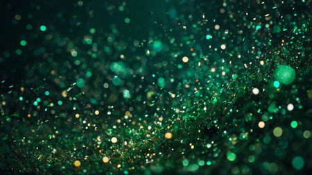 A dreamy and festive background filled with green glitter particles and glowing golden bokeh lights, evoking magic and celebration.の写真素材