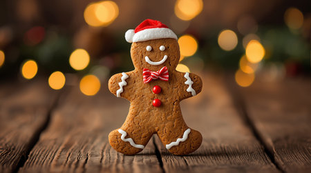 A festive gingerbread cookie decorated with icing and candy, wearing a Santa hat and bow tie, placed on a rustic wooden surface with warm bokeh lights.の写真素材