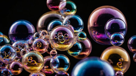 A collection of colorful, translucent soap bubbles floating against a dark backdrop, displaying vibrant hues and reflections.の写真素材
