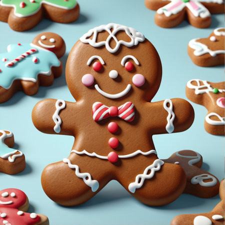 A festive gingerbread cookie decorated with colorful icing, wearing a Santa hat and bow tie, surrounded by other holiday-themed cookies and decorations.の写真素材