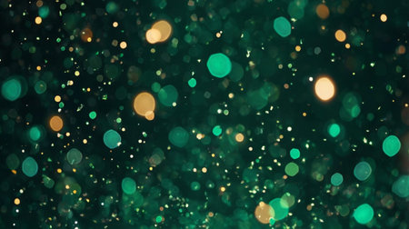 A dreamy and festive background filled with green glitter particles and glowing golden bokeh lights, evoking magic and celebration.の写真素材