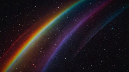 A stunning horizontal nebula formation with a full spectrum of colors set against a dark starry sky, showcasing cosmic beauty.の写真素材