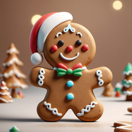 A festive gingerbread cookie decorated with colorful icing, wearing a Santa hat and bow tie, surrounded by other holiday-themed cookies and decorations.の写真素材