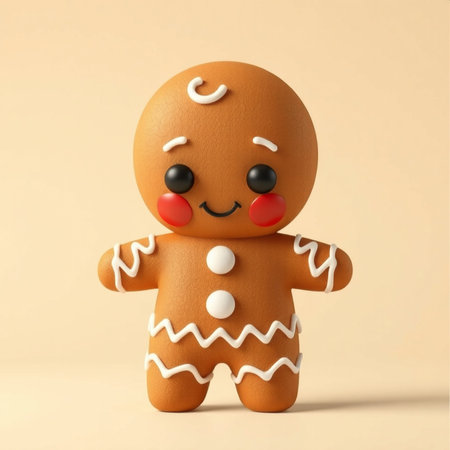 A stylized gingerbread cookie with a smiling face, decorated with icing and red buttons, set against...