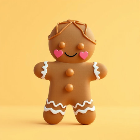 A stylized gingerbread cookie with a smiling face, decorated with icing, set against a soft color gradient. Perfect for festive and playful holiday themes.の写真素材