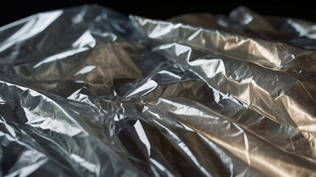 A close-up of glossy, crumpled transparent plastic sheets with intricate folds and light...