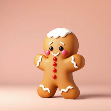 A stylized gingerbread cookie with a smiling face, decorated with icing and red buttons, set against a soft color gradient. Perfect for festive and playful holiday themes.の写真素材