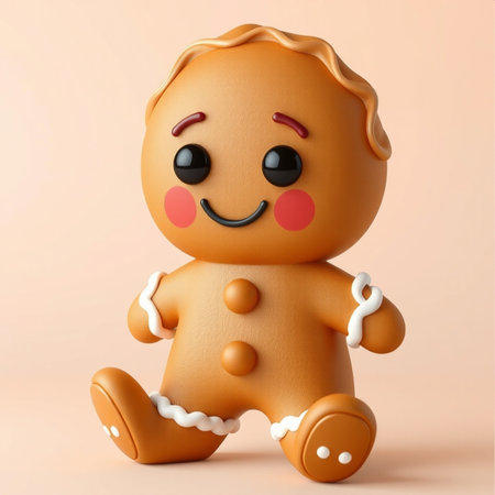 A stylized gingerbread cookie with a smiling face, decorated with icing and red buttons, set against...