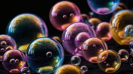 A collection of colorful, translucent soap bubbles floating against a dark backdrop, displaying...
