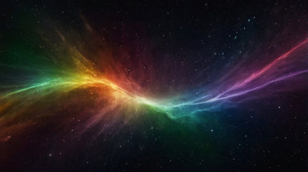 A stunning horizontal nebula formation with a full spectrum of colors set against a dark starry sky,...