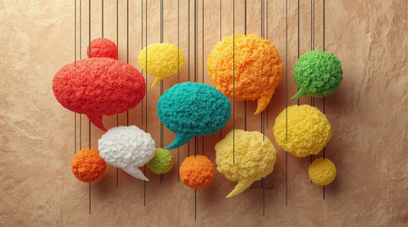 A collection of colorful, textured speech bubbles hangs from thin black strings against a beige...