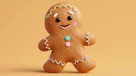 A close-up of a cheerful gingerbread man cookie decorated with chocolate eyes, a curved smile, and...