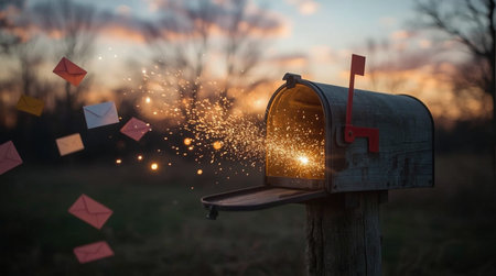 A rustic mailbox mounted on a wooden post glows with magical sparkles bursting from its open door....