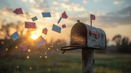 A rustic mailbox mounted on a wooden post glows with magical sparkles bursting from its open door....