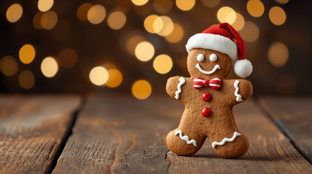 A festive gingerbread cookie decorated with icing and candy, wearing a Santa hat and bow tie, placed...