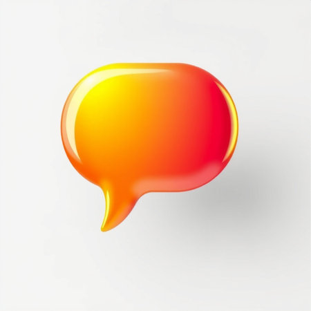 A vibrant 3D speech bubble with a yellow-to-red gradient floats against a plain gray backdrop. The...