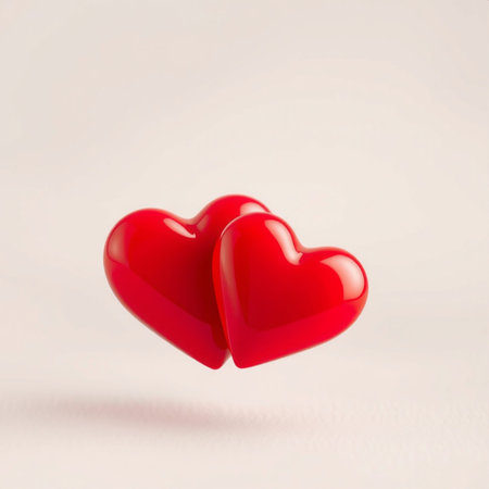 A vibrant red heart with a glossy, three-dimensional finish sits against a soft, light-colored background. The smooth surface and reflective highlights make it ideal for themes of love, romance, health, and emotional connection.の写真素材