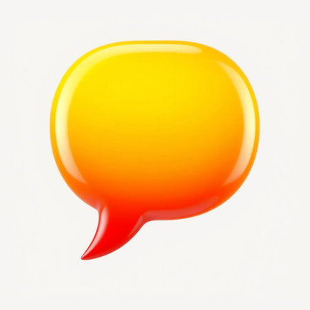 A vibrant 3D speech bubble with a yellow-to-red gradient floats against a plain gray backdrop. The...