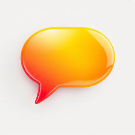 A vibrant 3D speech bubble with a yellow-to-red gradient floats against a plain gray backdrop. The...