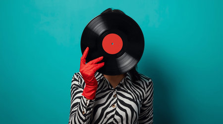 A person in a zebra-striped shirt and red gloves holds a black vinyl record with a red center in...