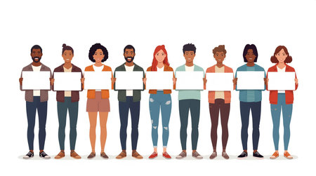 Seven cartoon-style individuals stand side by side, each holding a blank white rectangular sign. The...