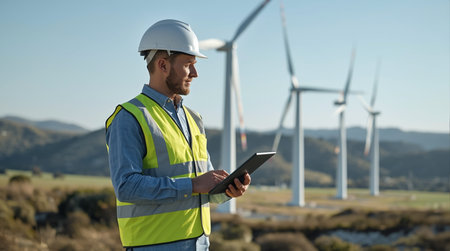 An engineer wearing a white safety helmet and high-visibility vest stands in front of a wind farm,...