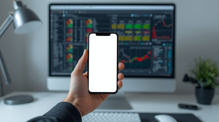 A person holds a smartphone with a blank screen in front of a computer monitor displaying a...