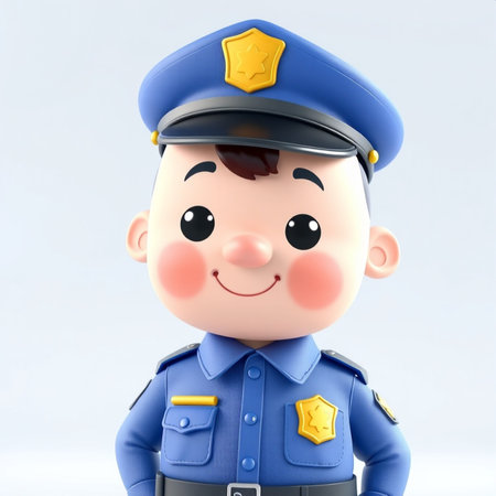 A cartoon-style character dressed as a police officer features a large round head, smiling face,...