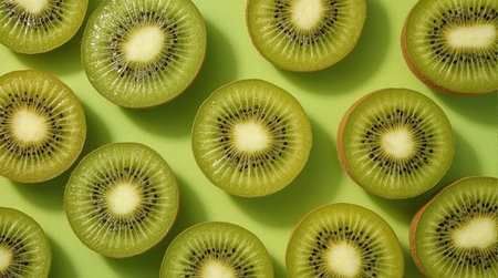 Multiple kiwi fruits sliced in half are arranged on a bright green backdrop, showcasing their radial pattern of green flesh and black seeds. The vivid color contrast and natural texture make this image ideal for food photography, healthy lifestyle visuals, or design projects.の写真素材