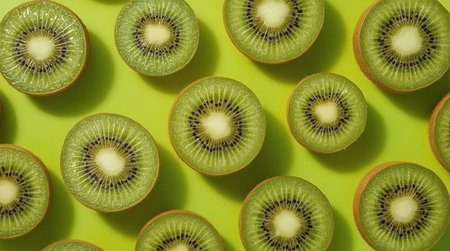 Multiple kiwi fruits sliced in half are arranged on a bright green backdrop, showcasing their radial...