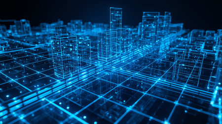 A glowing blue wireframe cityscape composed of digital lines and dots forms a grid-like urban...