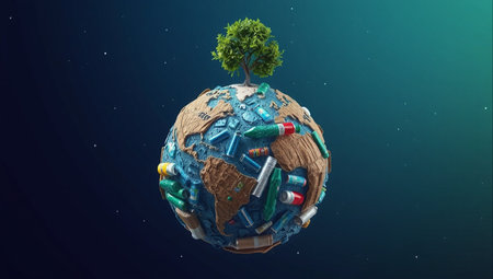 A conceptual illustration of a spherical planet made entirely of discarded plastic bottles, aluminum cans, and other waste materials. At the top of this trash-formed globe, a single green tree grows, symbolizing resilience, sustainability, and the possibility of ecological recovery. The dark blue gradient background evokes a sense of isolation and urgency, highlighting the environmental impact of human consumption. This powerful visual metaphor is ideal for themes related to pollution, climate change, recycling, and environmental awareness.の写真素材
