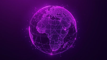 A glowing purple digital Earth highlights Africa and Europe, with interconnected nodes and lines...