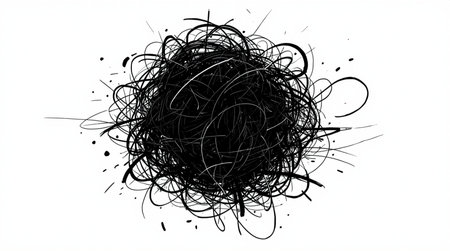 A circular abstract design composed of overlapping black scribbles forms a dense ring with a hollow center. Surrounding ink splatters add dynamic motion and expressive energy. The image evokes themes of chaos, creativity, and artistic spontaneity.の写真素材