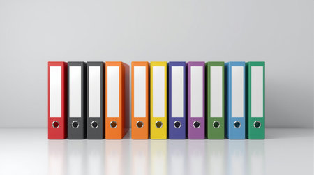 Fourteen upright ring binders in various colors including red, blue, green, yellow, purple, and teal...