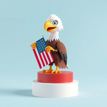 A stylized cartoon bald eagle stands proudly on a red pedestal, holding a small American flag. The...