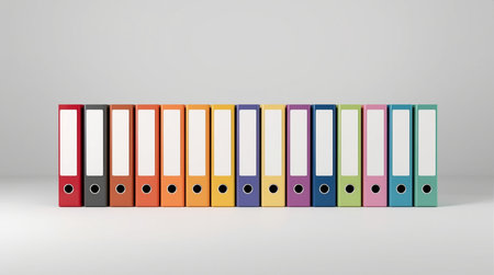 Fourteen upright ring binders in various colors including red, blue, green, yellow, purple, and teal are neatly arranged on a flat surface. Each binder features a white spine label and circular finger hole, representing organization, filing, and office efficiency.の写真素材
