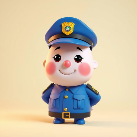 A cartoon-style character dressed as a police officer features a large round head, smiling face,...