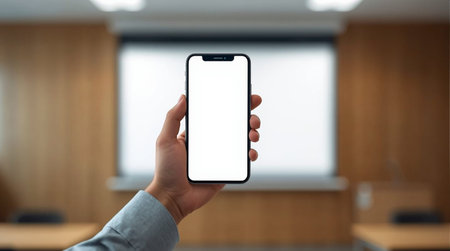 A hand holds a smartphone with a blank screen in a classroom or conference room setting. The...