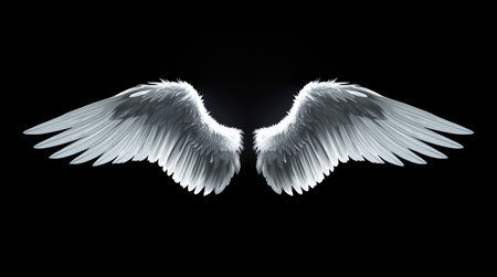 A pair of large, white feathered wings spread open symmetrically against a black background. The...